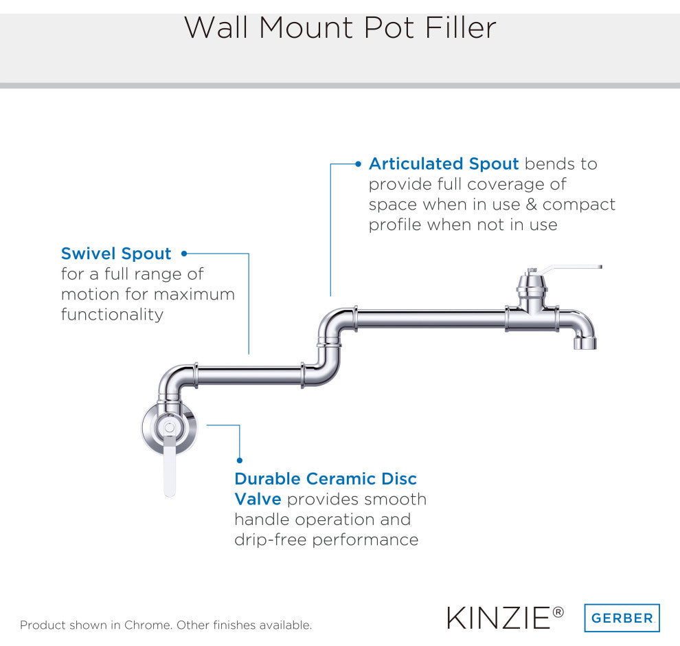 Kinzie Wall Mount Pot Filler Chrome, Stainless Steel