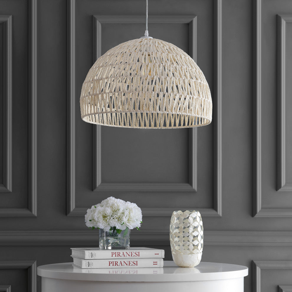 Campana 1-Light Bohemian Modern Woven Rattan/Iron LED Pendant, Cream