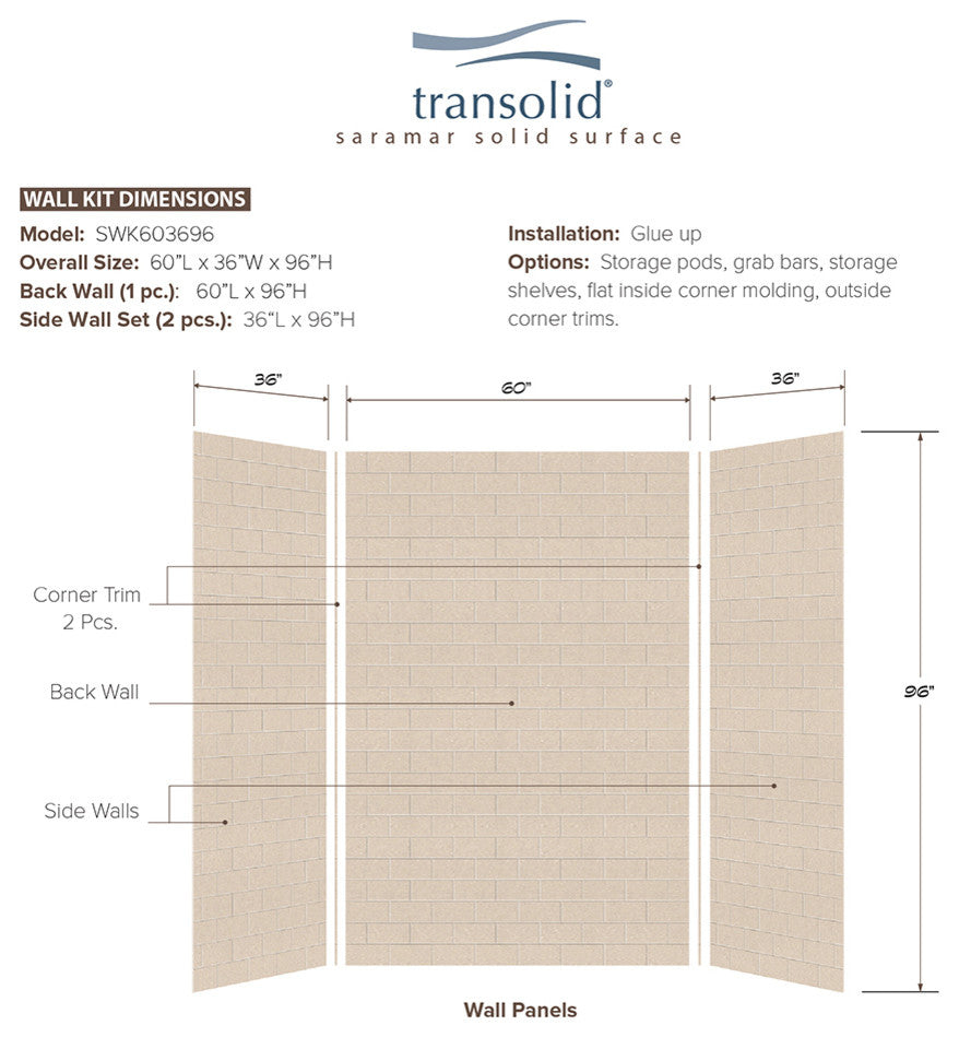 Transolid SaraMar 36" X 60" X 96" Glue to Wall 3-Piece Shower Wall Kit, Cashew