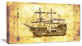 Old Travelling Boat Drawing, Seashore Wall Art on Canvas, 32"x16"