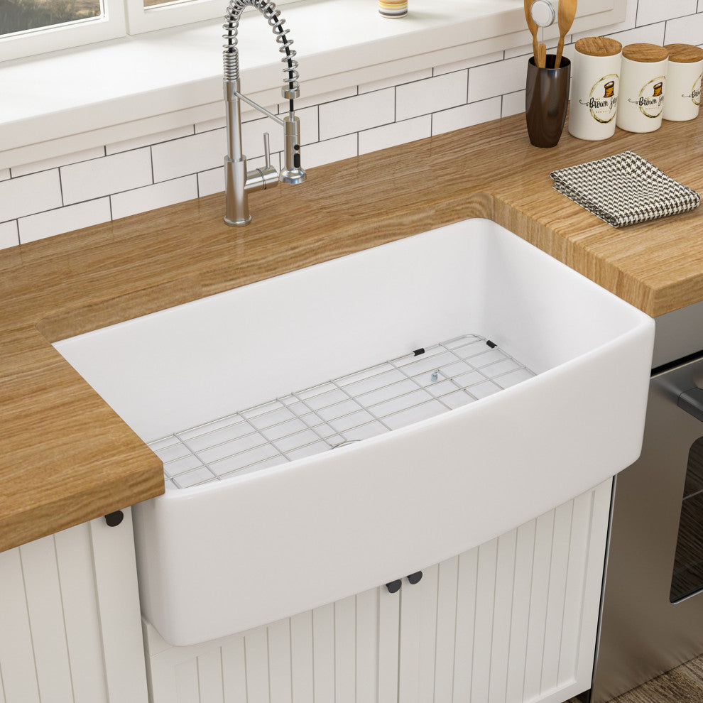 White Farmhouse Ceramic Kitchen Sink Single Bowl Apron Front Basin, 33"x19"x10"