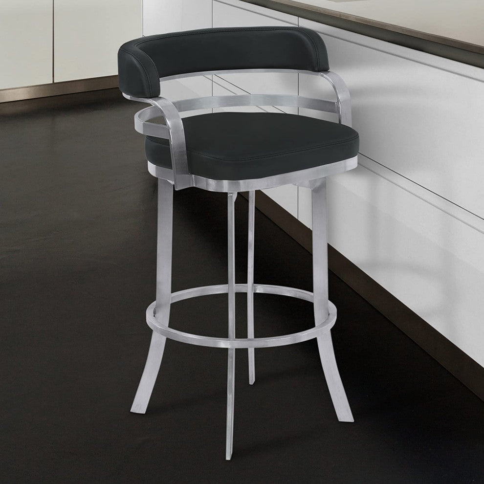 Elegant Bar Stool, Brushed Stainless Steel Frame and Curved Open Back, 26 Inch