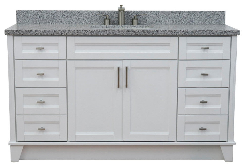 61" Single Sink Vanity, White Finish And Gray Granite And Rectangle Sink