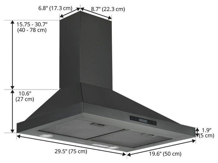 30" Convertible Wall Mount Pyramid Range Hood, Black Stainless Steel