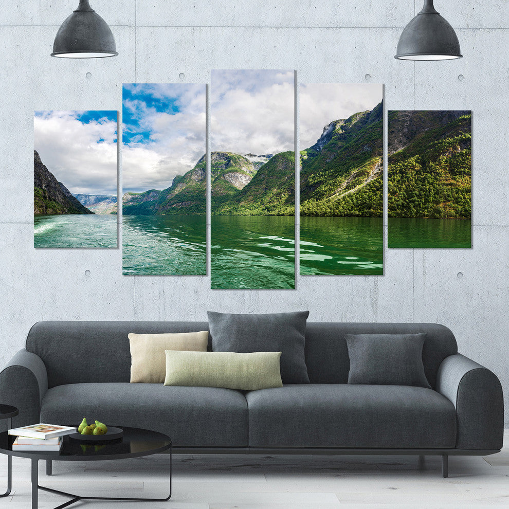 Green Lake Sognefjord Norway, Landscape Canvas Art Print, 60"x32", 5 Panels