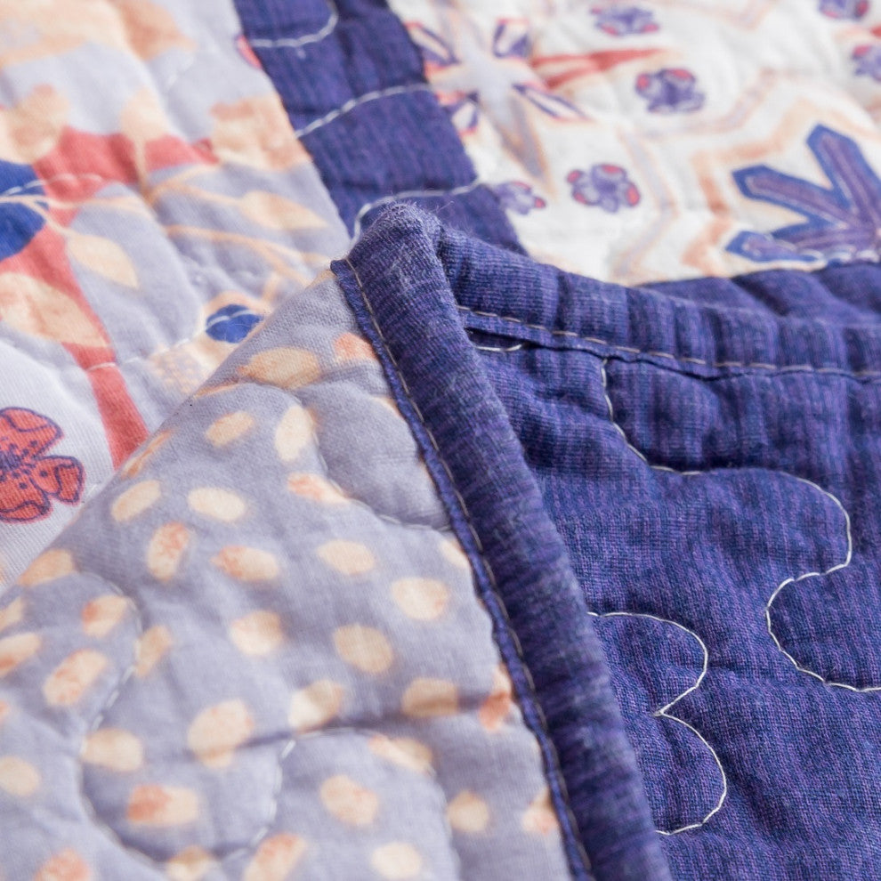 Patchwork Floral Cherry Blossom Plum Purple & Peach Quilted Bedspread Set, Queen