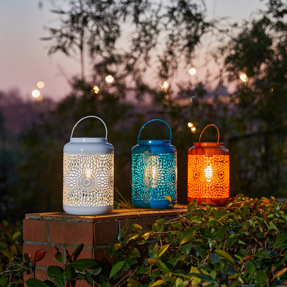 8.75"H Blue Metal Cutout Solar Powered  Lantern
