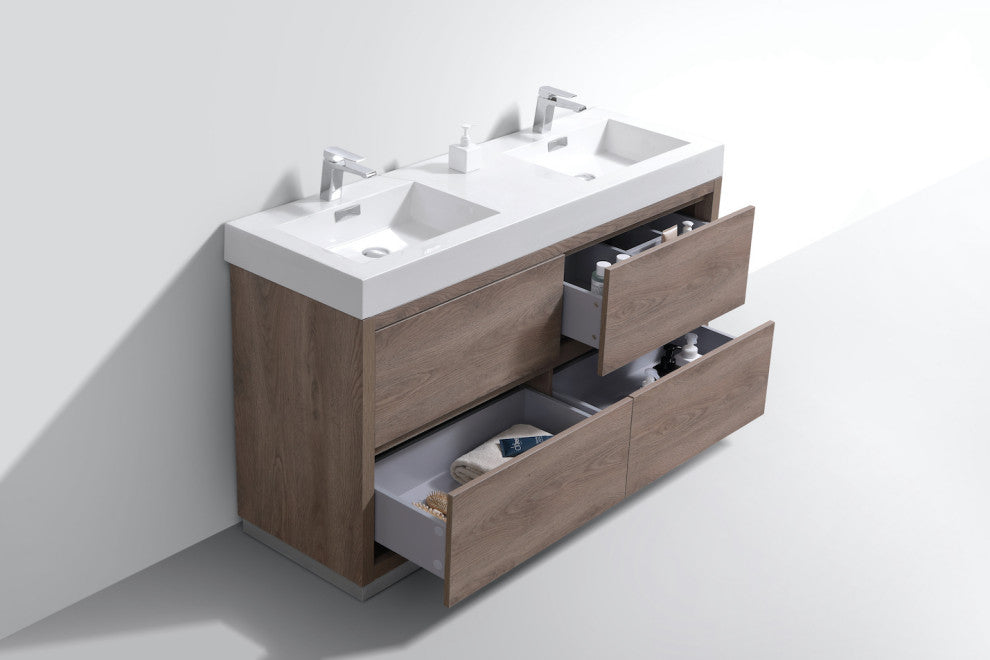 Bliss 60" Double Sink Free Standing Bathroom Vanity, Butternut