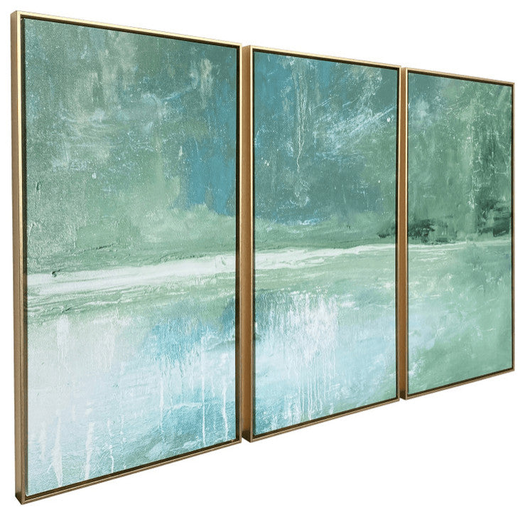 Set of Three Blue Green Abstract Water With Gold Floater Frame Painting Wall Art
