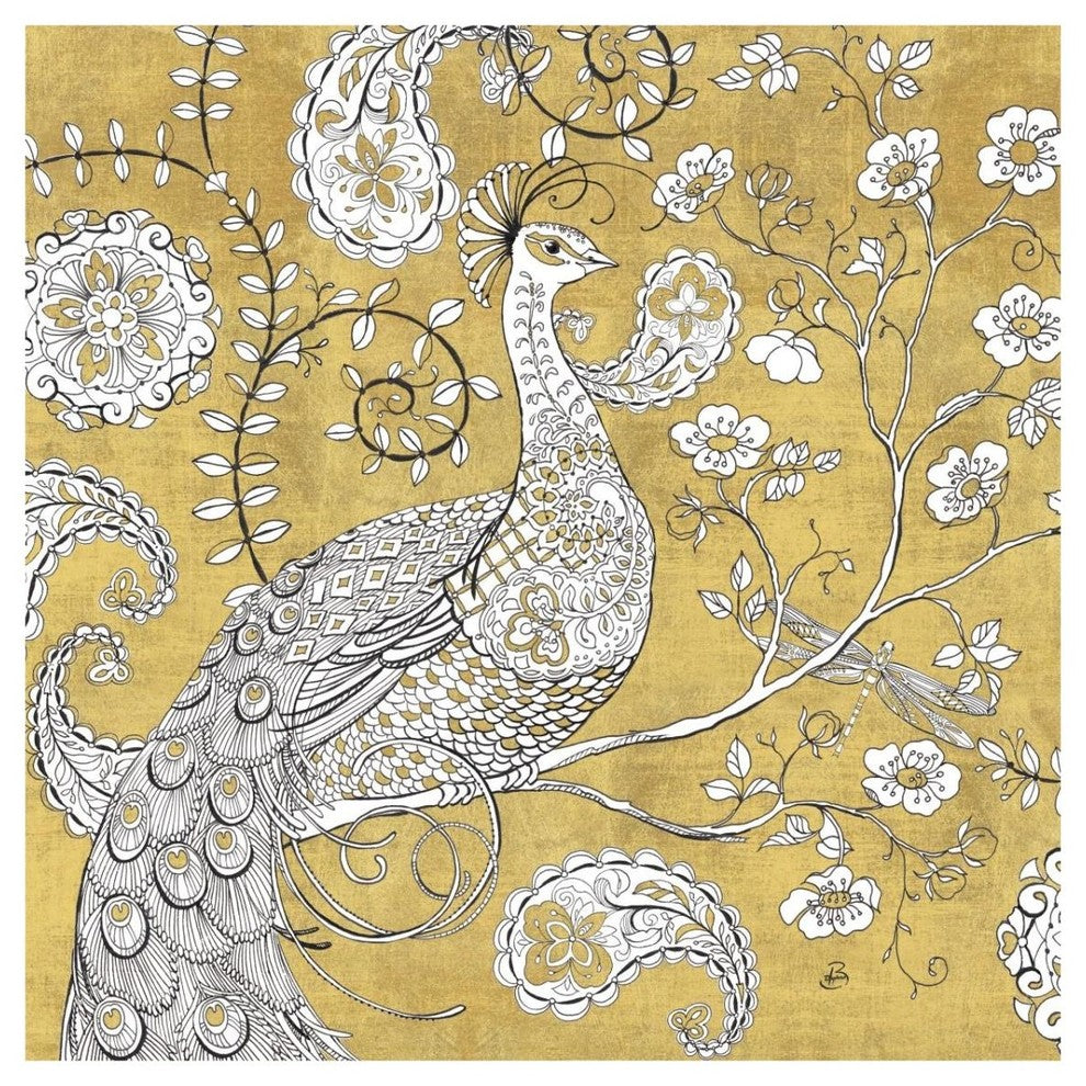 "Color my World Ornate Peacock I Gold" Paper Print by Daphne Brissonnet, 32"x32"
