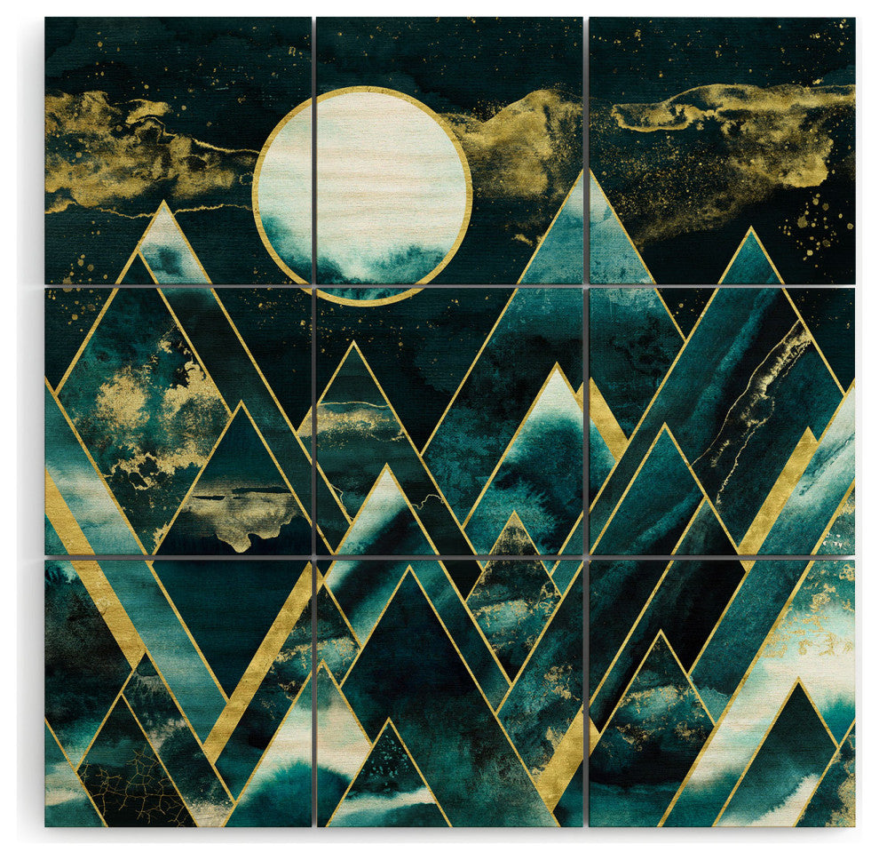 Nature Magick Gold Teal Geometric Mountains Wood Wall Mural
