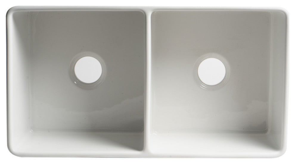 Smooth Apron Fireclay Farm Sink, White, 33"x18", Double Bowl
