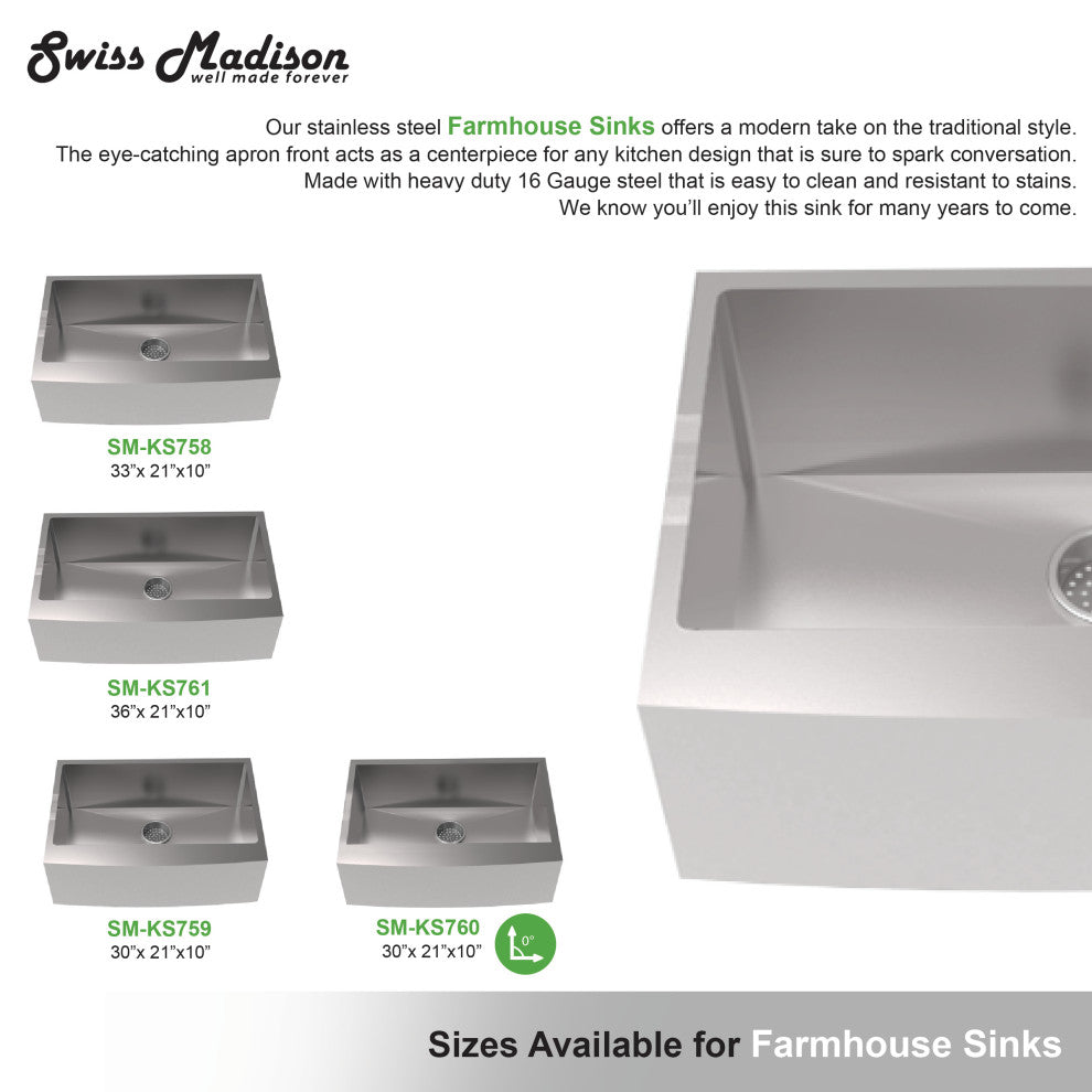 Plaisir 30"x21" Stainless Steel, Single Basin, Farmhouse Kitchen Sink With Apron