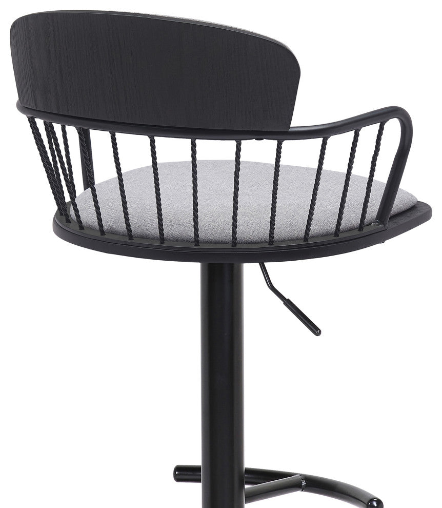Nash Adjustable Black Wood Bar Stool, Blue Fabric With Black Metal, Light Gray