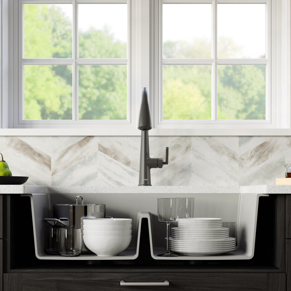 Karran Retrofit Farmhouse Quartz 34" Double Bowl Sink, Grey