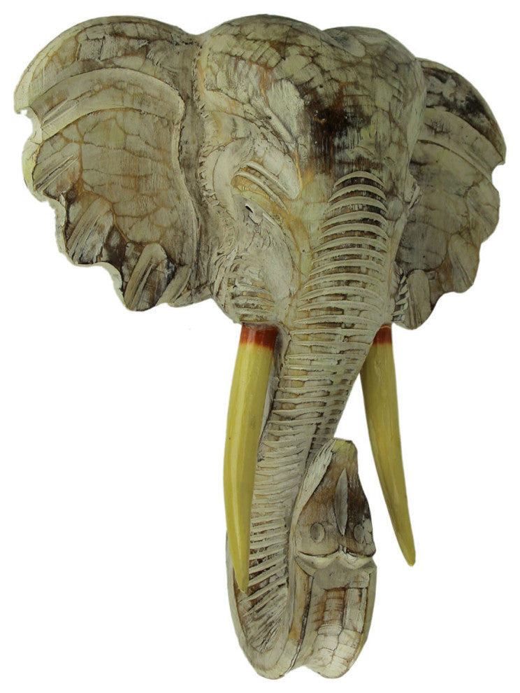 Off-White Hand Carved Wood Elephant Head Wall Hanging 20 inch