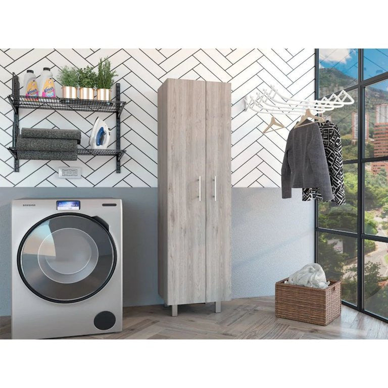Tall Pantry Cabinet, 2 Doors With Silver Knobs & Inner Shelves, Light Grey/White