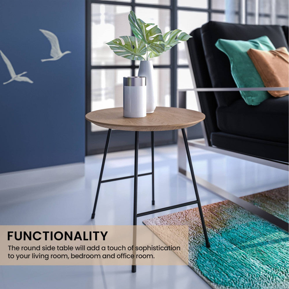 LeisureMod Rossmore Modern Round Side Table With Black Steel Frame, Natural Wood