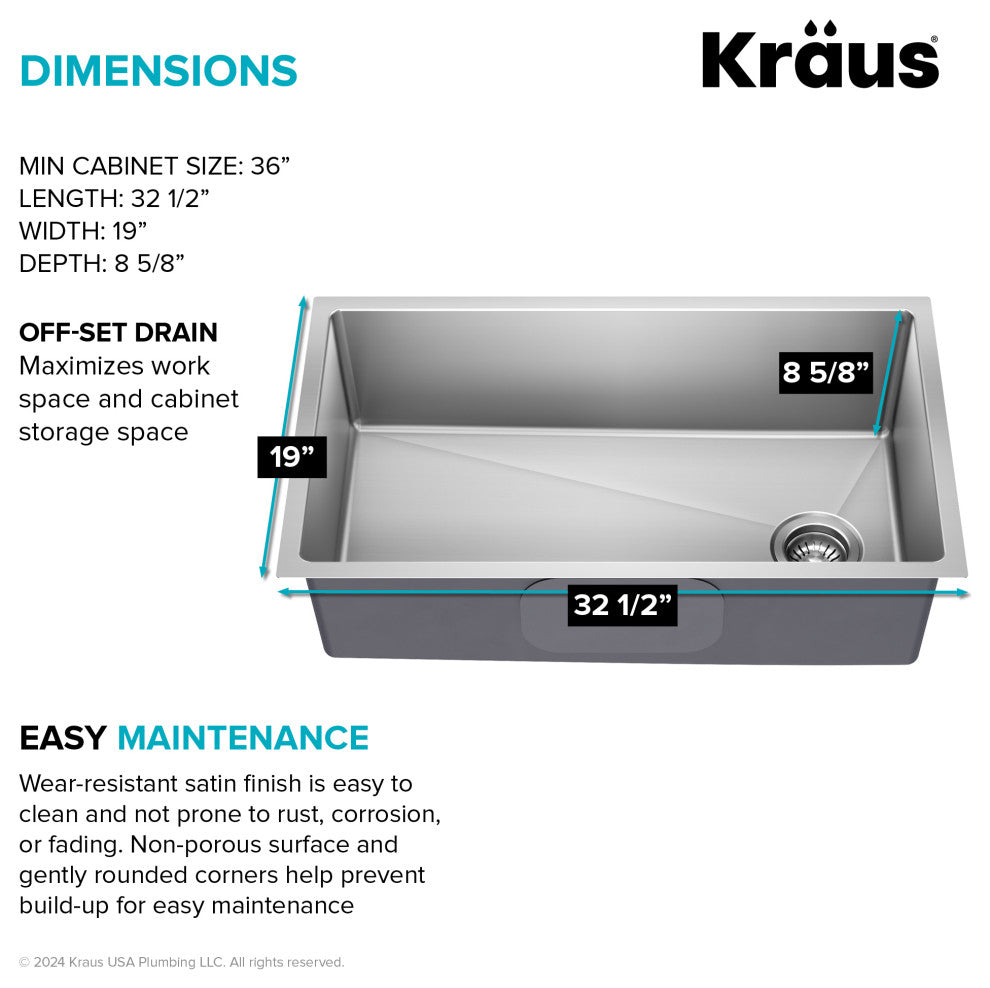 KRAUS Fairlane 33" Undermount 1-Bowl 18 Gauge Stainless Steel Kitchen Sink