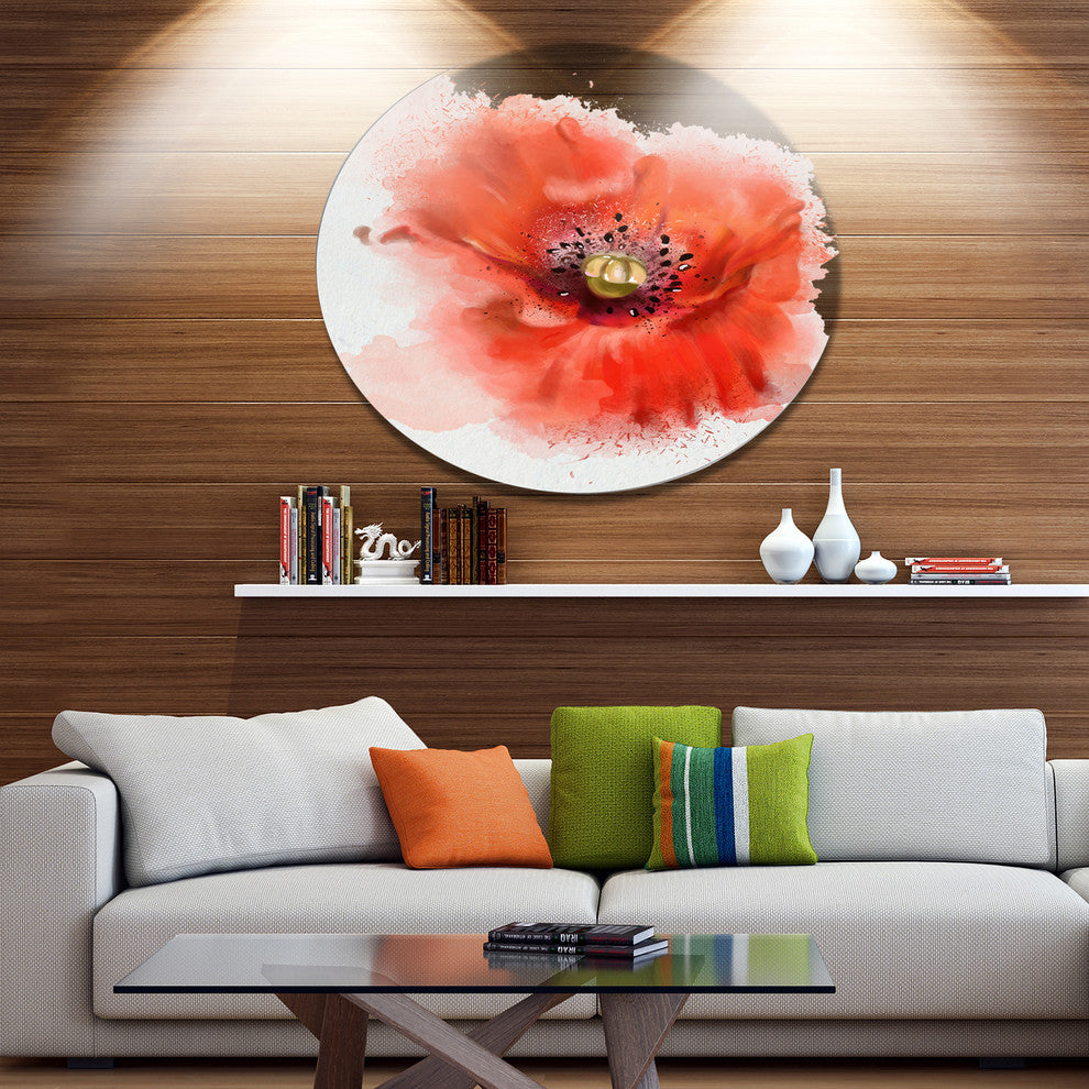 Stylish Red Watercolor Poppy Flower, Floral Round Wall Art, 36"
