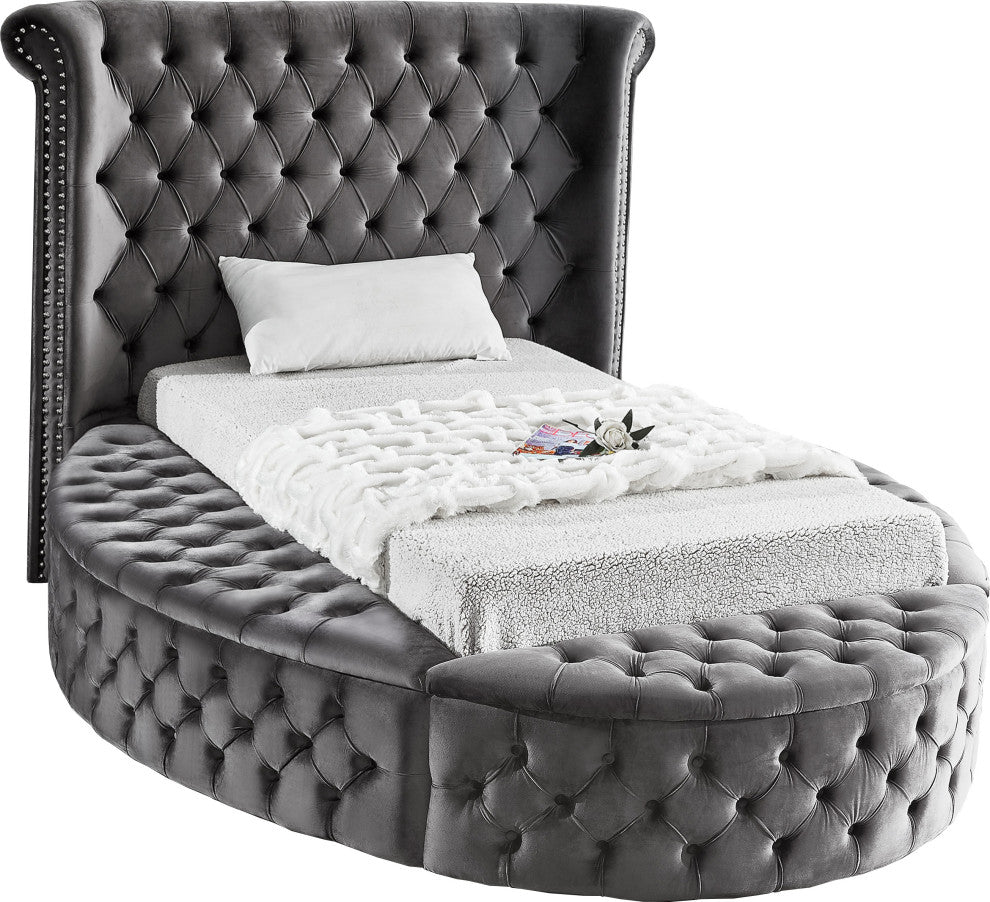 Luxus Button Tufted Velvet Round Bed, Gray, Twin
