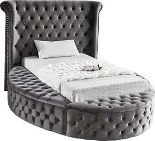 Luxus Button Tufted Velvet Round Bed, Gray, Twin