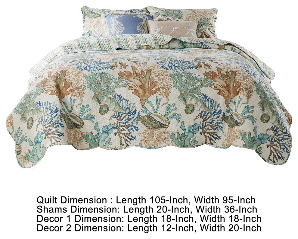 Benzara BM281993 King Quilt Set, Ocean Design, Scalloped Edges, Floral Pattern