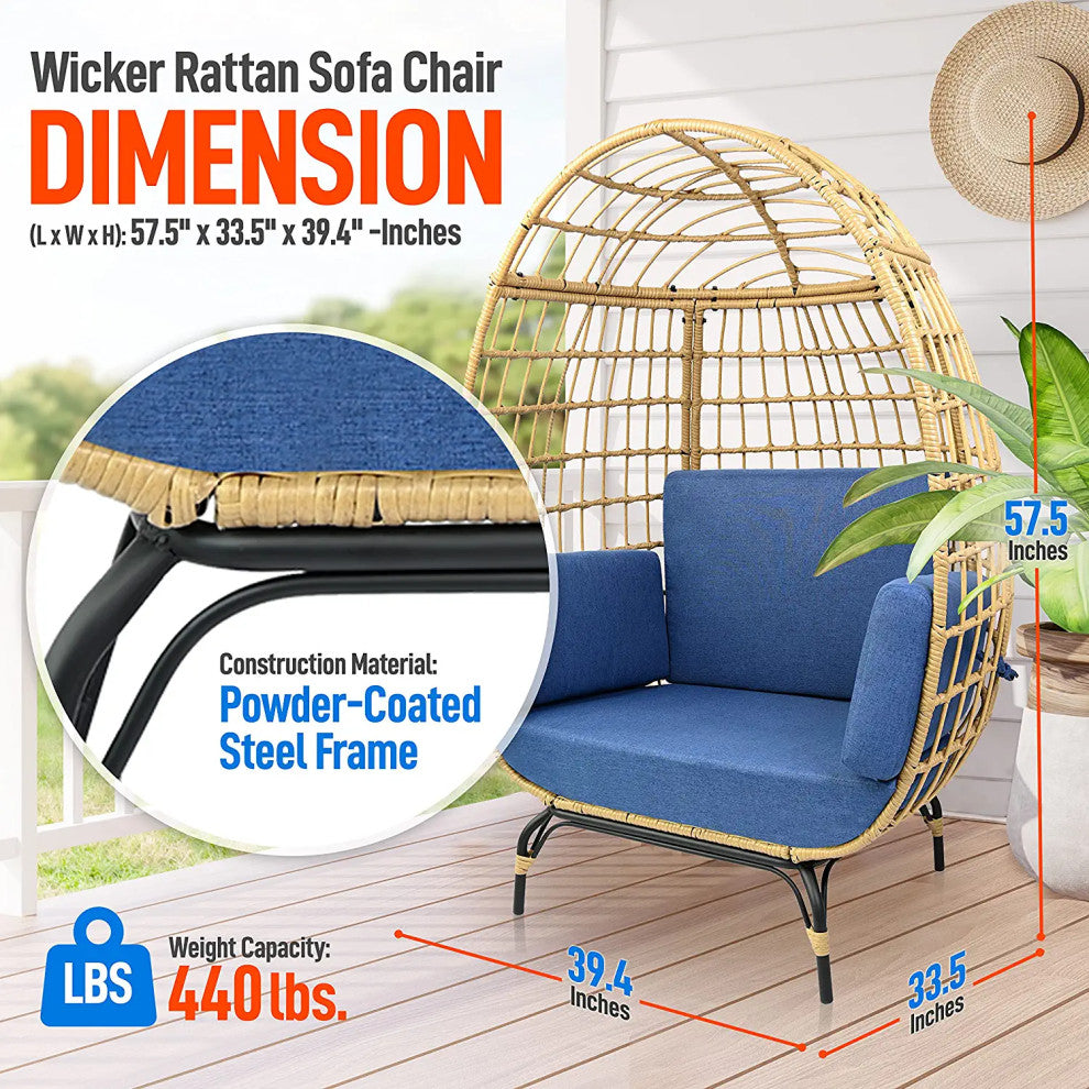 Contemporary Outdoor Lounge Chair with Egg-Shaped Design & Cushioned Seat, Navy