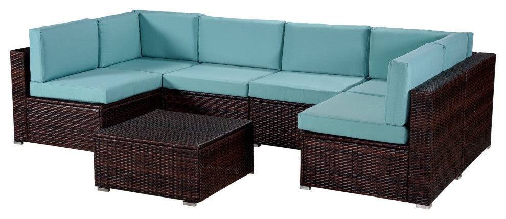 7-Piece Outdoor Wicker U-Shaped Patio Sofa Set with Table and Cushions, Teal Blue+brown