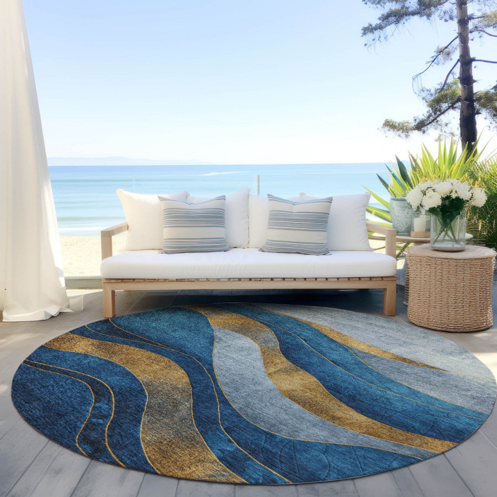 Machine Washable Indoor/Outdoor Chantille ACN1892 Blue 8' x 8' Round Rug