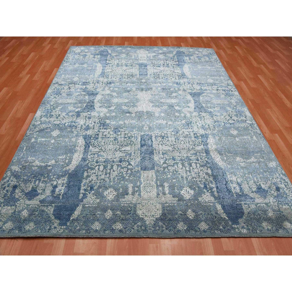 Blue Wool and Pure Silk Hand Knotted Jewellery Design Oriental Rug, 7'10"x10'0"