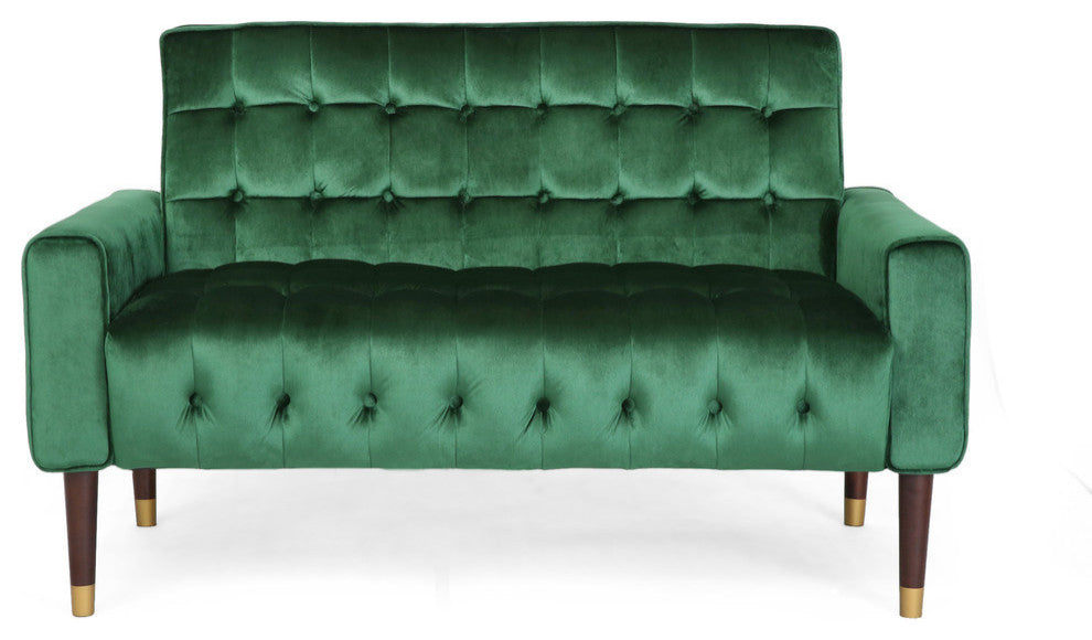 Aubrie Tufted Velvet Loveseat With Gold Tipped Tapered Legs, Emerald, Gold Finish