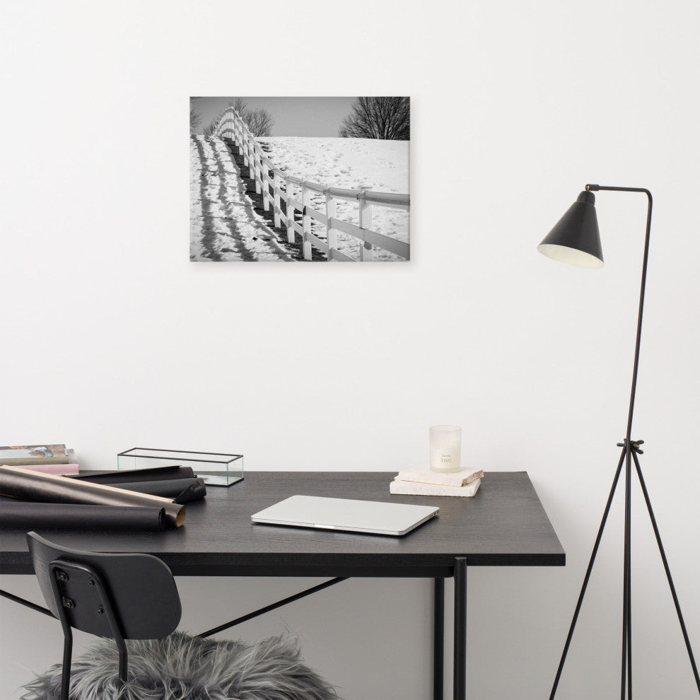 Endless Fence Rural Black & White Landscape Photo Canvas Wall Art Print, 18" X 24"
