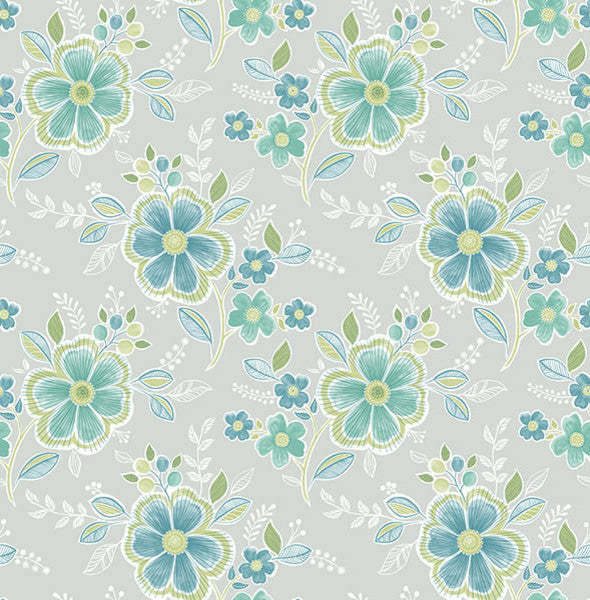 Contemporary Floral Wallpaper, Blue and Green, Bolt