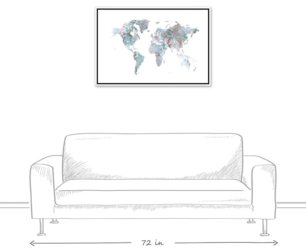 Greige World Map 24x36 White Floating Framed Canvas