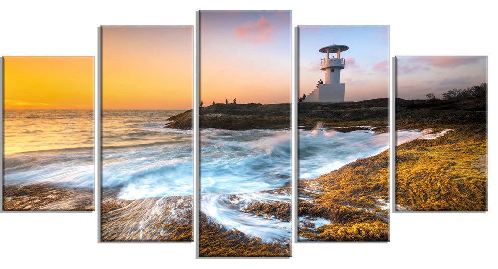 Lighthouse on Beautiful Seashore, Seashore Wall Art on Canvas, 60"x32", 5 Panels