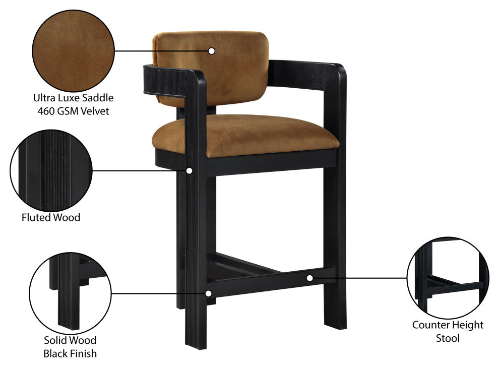 Sacha Upholstered Bar and Counter Stool, Saddle, Velvet, Black
