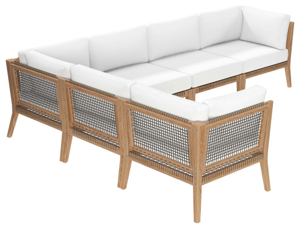 Clearwater Outdoor Patio Teak Wood 6-Piece Sectional Sofa, Gray White