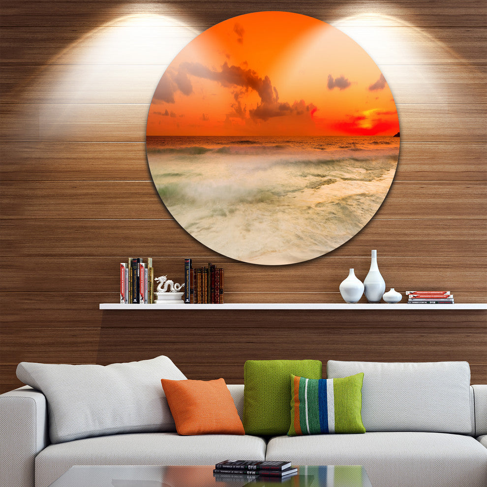 Orange Sky And Wide Sandy Beach, Seashore Round Metal Wall Art, 38"