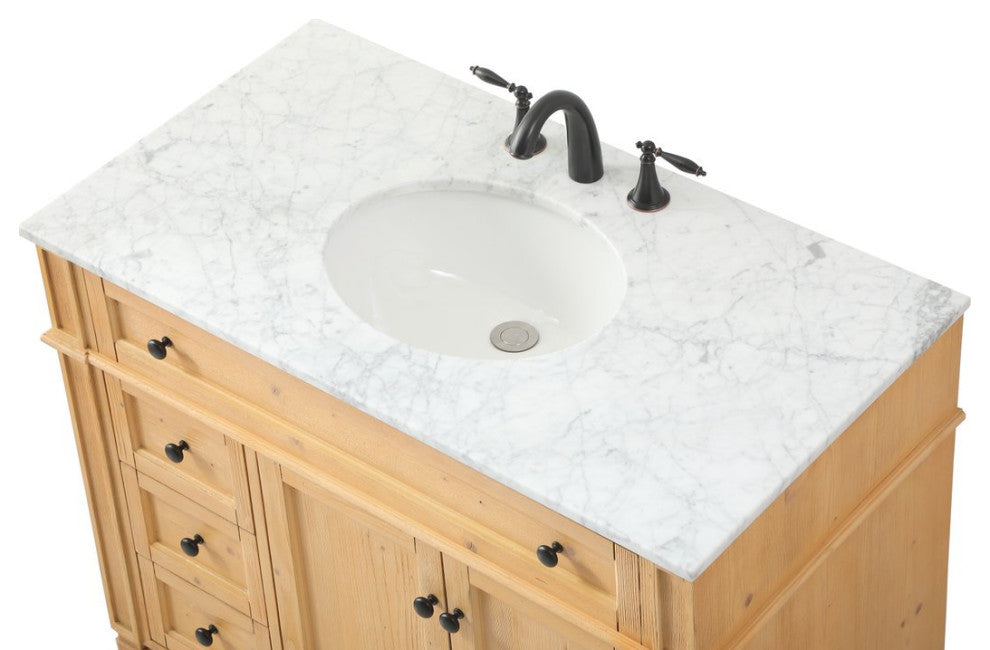 Home Living Vanity with Carrara White Marble Countertop, Natural Wood, 40", Single Sink
