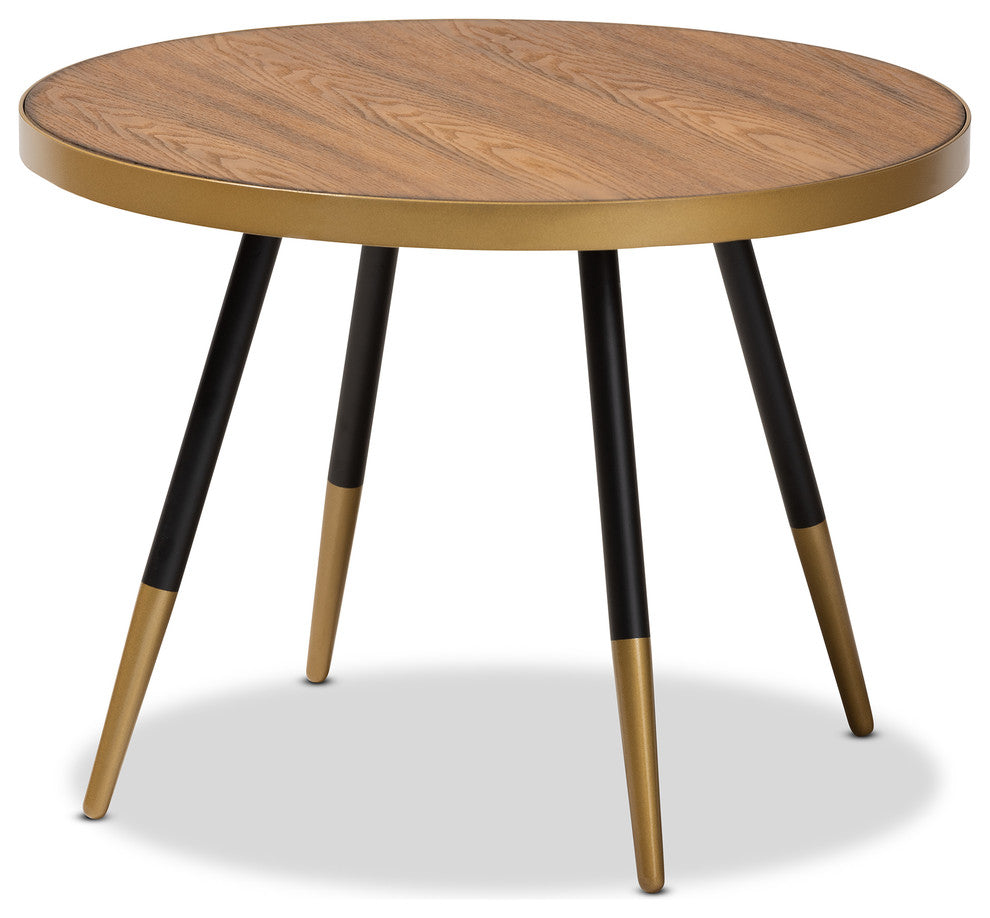 Lauro Modern Round Walnut Wood Metal Coffee Table with Two-Tone Black Gold Legs