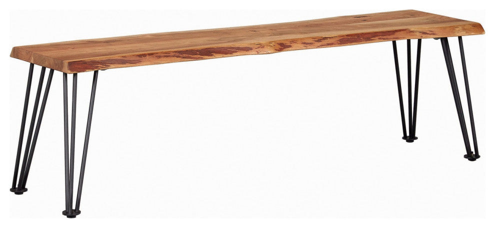 Benzara BM242107 Wooden Dining Bench With Live Edge Details & Metal Legs, Brown