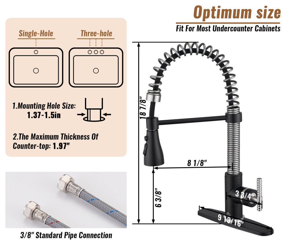 Single Handle Kitchen Sink Faucet Pull-Down Sprayer, 360 Swivel, 3 Functions, Matte Black+brushed Nickel
