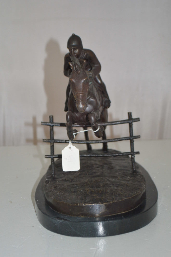 Jockey With Horse Jumping Over Hurdle Bronze Statue -  Size: 14"L x 9"W x 13"H