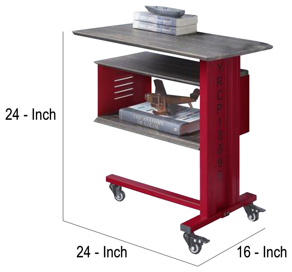 Benzara BM269579 Accent Table With Metal Cargo Style and 3 Caster Wheels, Red