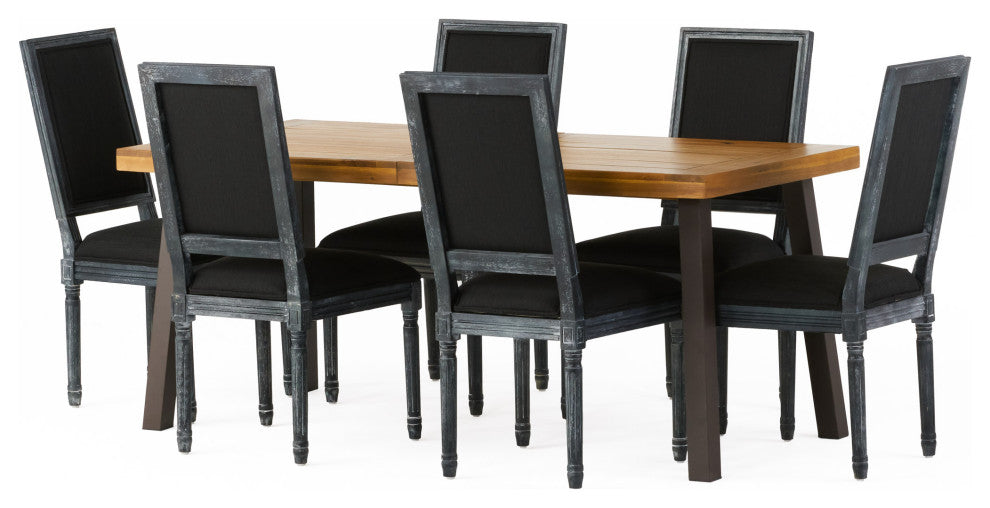 Marten Farmhouse Fabric Upholstered Wood and Cane 7 Piece Dining Set, Black + Grey + Rustic Metal + Natural Stained
