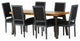 Marten Farmhouse Fabric Upholstered Wood and Cane 7 Piece Dining Set, Black + Grey + Rustic Metal + Natural Stained