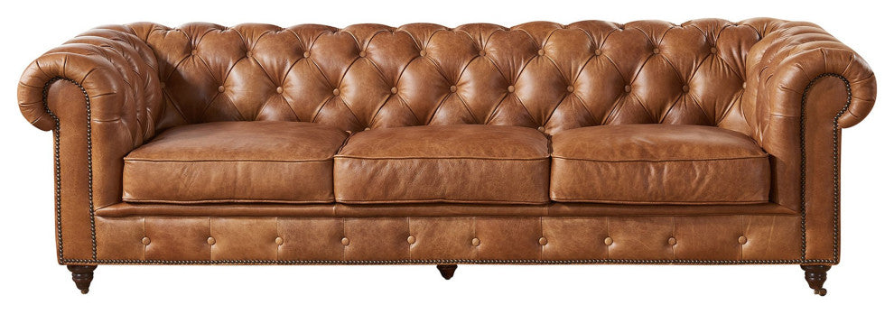 Crafters and Weavers Top Grain Leather Chesterfield Sofa, Light Brown