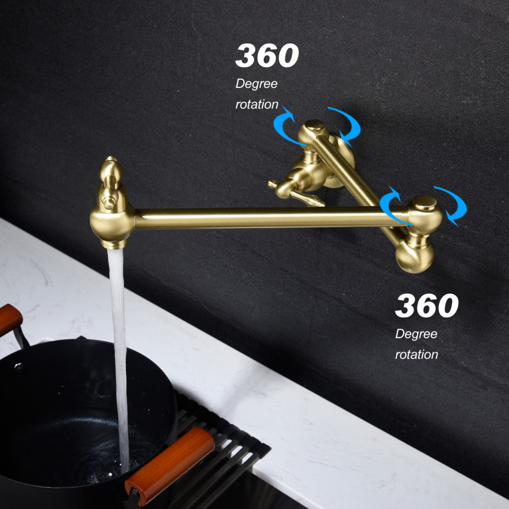Wellfor Wall Mount Pot Filler Kitchen Faucet With 4 GPM Flow Rate, Brushed Gold