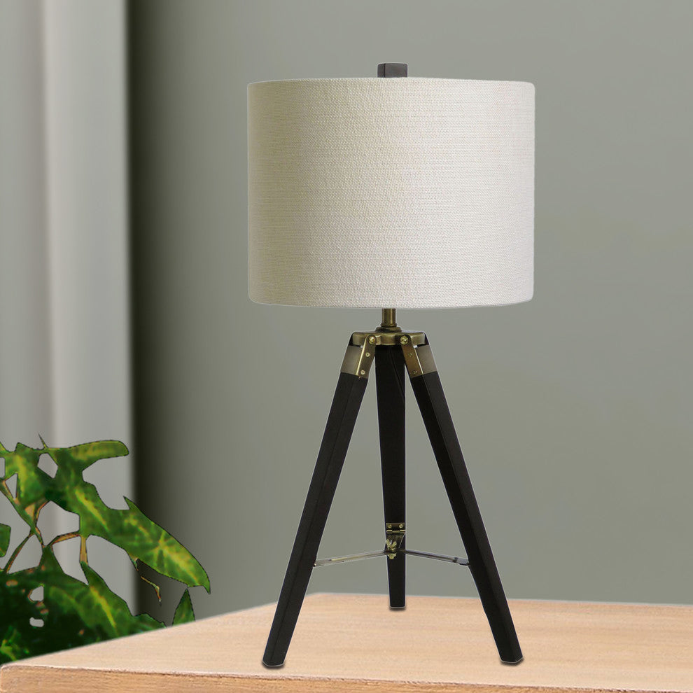 28" Structured Tripod Weathered Espresso Wood & Antique Brass Metal Table Lamp